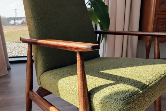 Image 1 of Mid-century moderne fauteuil in olijfgroene bouclé-stof, design van H.Lis
