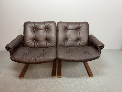 Supercomfy Scandinavian Rybo Rykken Chocolate Brown Leather 2-Seater Lounge Sofa by Elsa and Nordahl Solheim, 1960s.