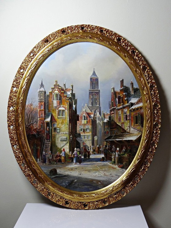 Image 1 of Large framed urban scene oil painting on wood by John Haanstra, vintage