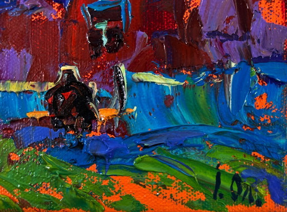 Image 1 of Original Oil Painting Colorful House Landscape Sky disappears into silence