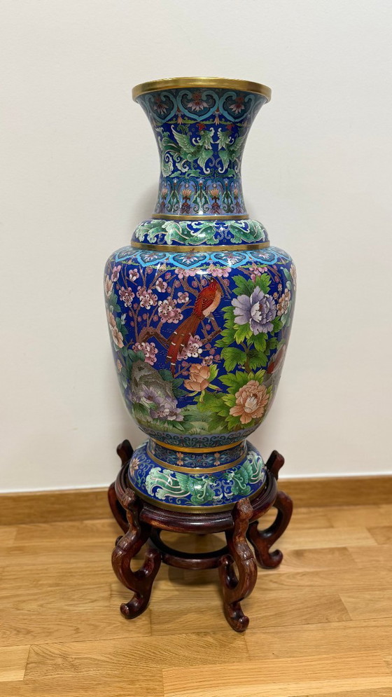 Image 1 of Monumental Chinese Cloisonné Vase - 84 cm With Base - Jingtai Blue Enamel - Impeccable