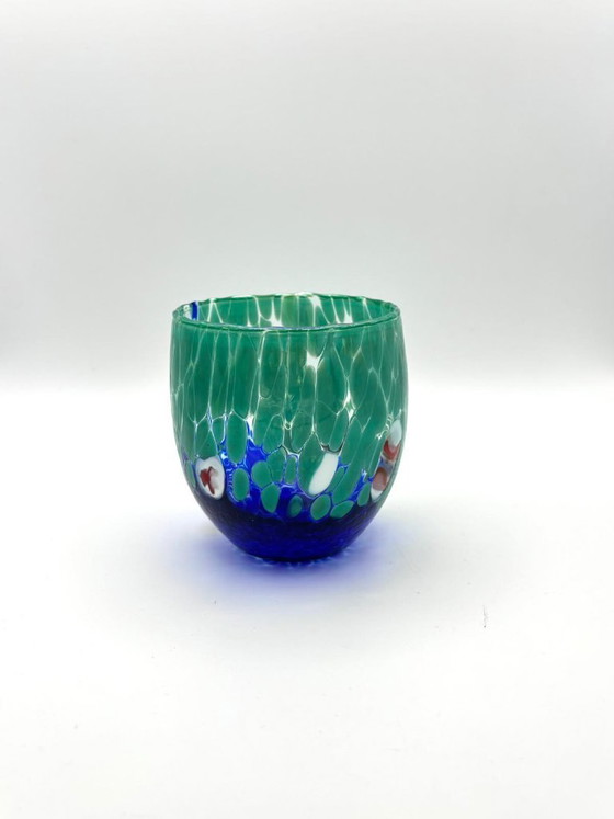 Image 1 of Set van 6 Venetiaanse glazen van geblazen glas met Murano-effect (murrine) in het glas verwerkt, handgemaakt in Italië.