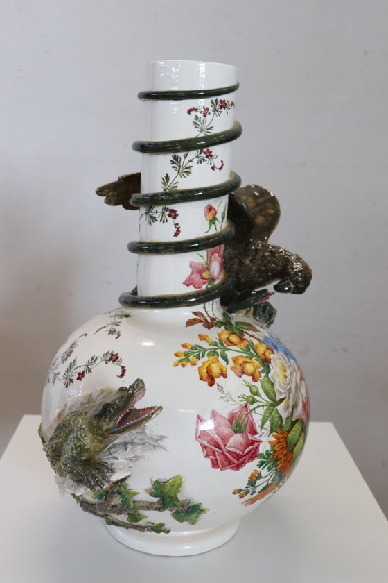 Image 1 of Majestic Ceramic Vase with Eagle and Crocodile, Italy Early 20th Century