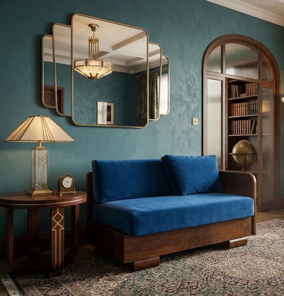Österreichisches Art Deco Sofa / Restauriertes Samt-Loveseat / Blaues Statement-Sofa – Sofagarnitur, Holz (photo 6 of 6)