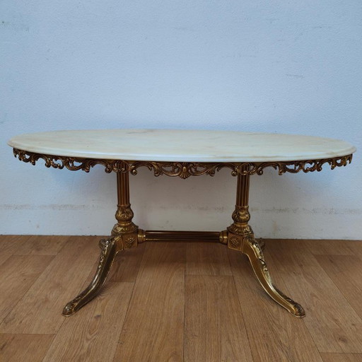 Table basse ovale vintage Regency avec plateau en marbre onyx