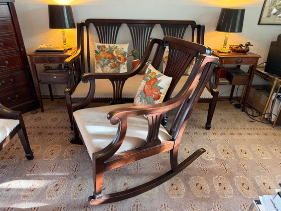 Wooden Seating Group with Light Upholstery, Three-Piece, Couches, Textile, Brown, Art Nouveau (photo 4 of 5)