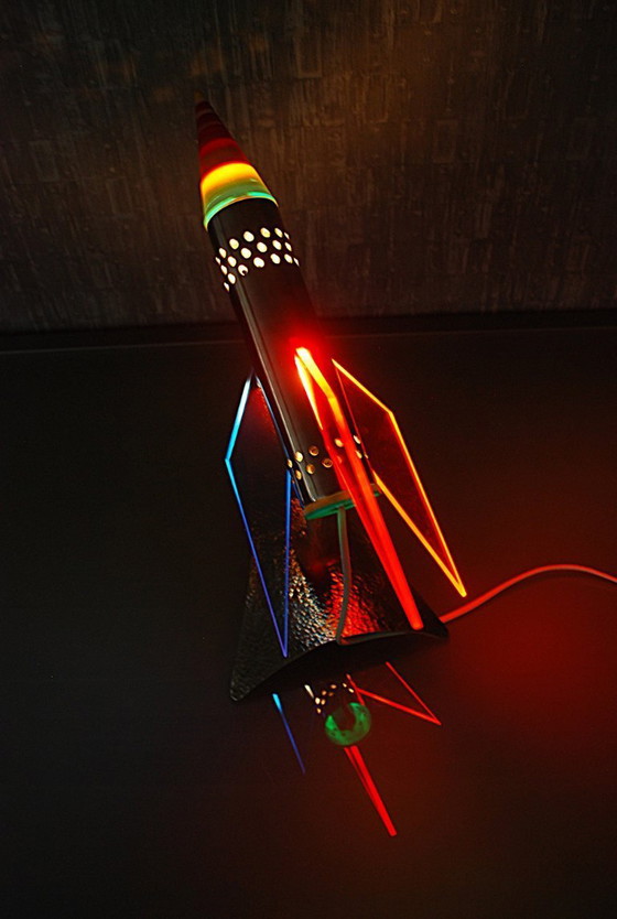 Image 1 of Rocket lamp, Red Yellow Blue made of stainless steel 1970s Space age, handmade