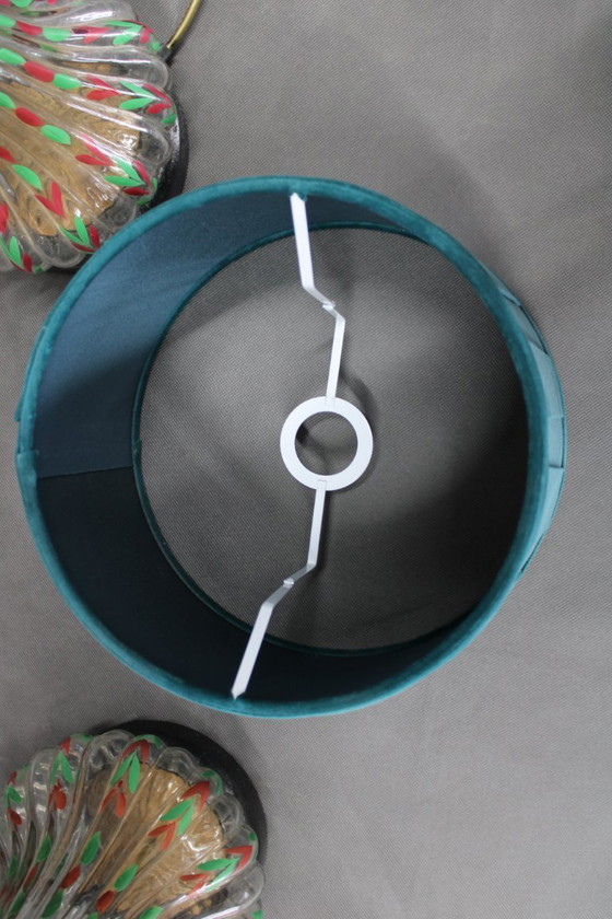 Image 1 of Paire de lampes de table en verre peintes à la main avec abat-jour en tissu neuf, Tchécoslovaquie, années 1960