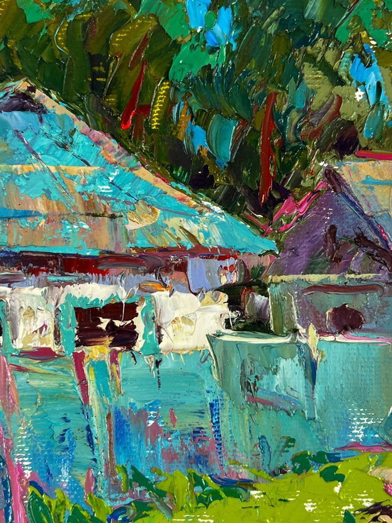 Image 1 of Peinture à l'huile originale, paysage rural, village, retour des champs