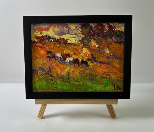 Originales Ölgemälde Herbstlandschaft am Abend – schilderijen tekeningen, Canvas