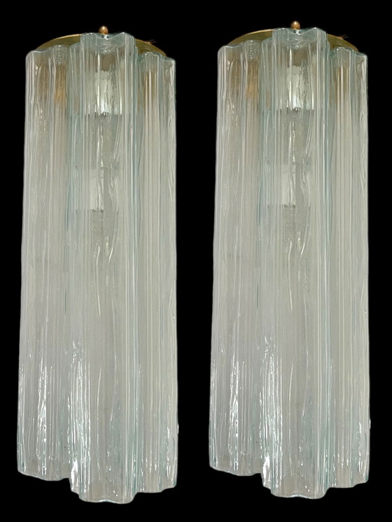 Image 1 of 2x Large Italian Glass Tronchi Tube Sconces