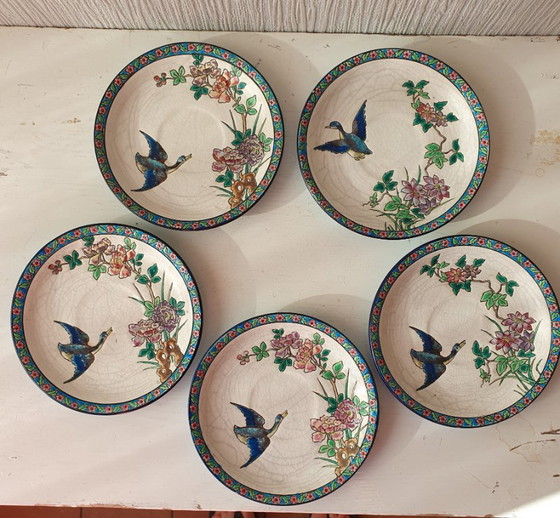 Set 5 Antieke Longwy Kop & Schotels–ca 1930–Perfecte Staat! – Decoratieve objecten, Ceramic (photo 3 of 17)
