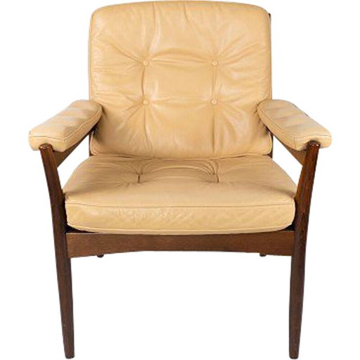 Poltrona vintage in legno scuro e rivestita in pelle, Danimarca anni '60