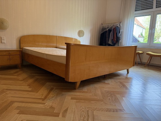 Image 1 of Vintage Mid-Century Bed 2x2m Bird's-eye Maple High Gloss 1950s + Mattress