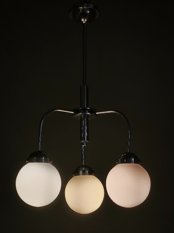 Image 1 of 1940s Czech Bauhaus Chandelier with Opaline Glass Globes