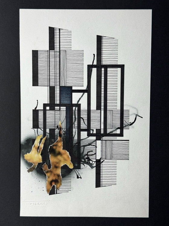 Image 1 of Eugène Eechaut (1928-2019) - ingelijste inktcompositie met collage, 1987