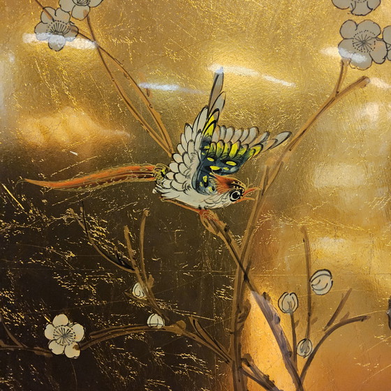Image 1 of Vintage Chinese cabinet birds, flowers gold leaf bohemian cabinet / oriental cabinet / chinese cabinet