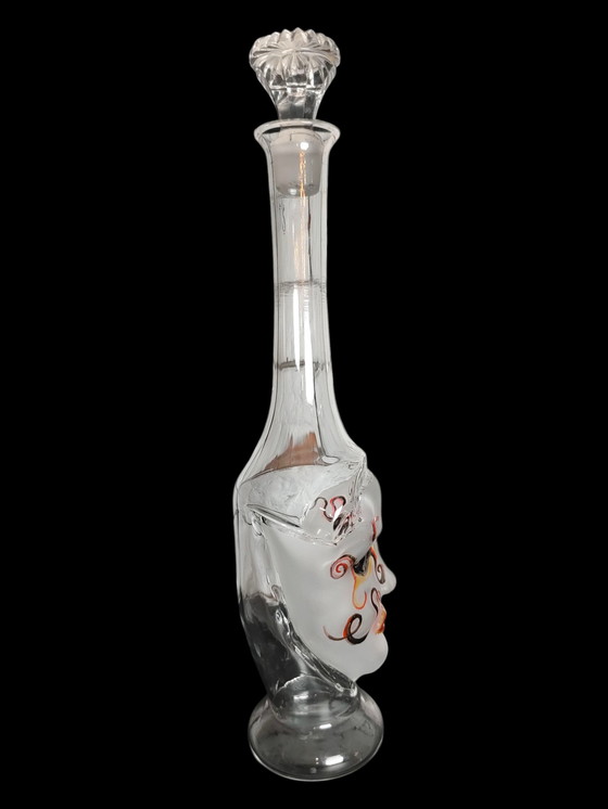 Image 1 of Murano glazen karafmasker, handbeschilderd, jaren 70 - Venetiaanse glazen karaf met gezichtskunst
