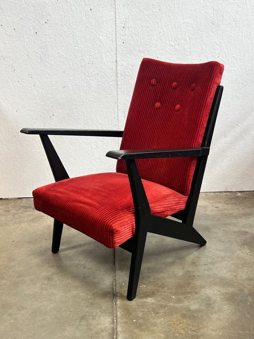 Poltrona vintage, nera e rossa, anni '50, Paesi Bassi – fauteuils, Wood (photo 2 of 11)