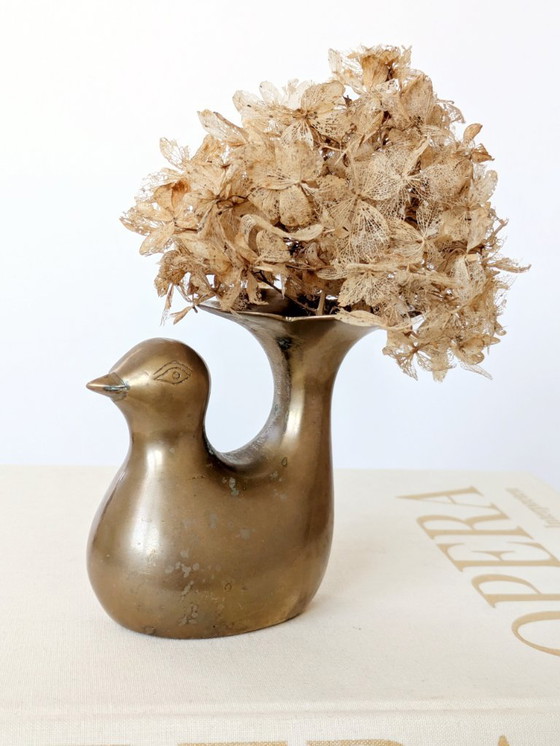 Image 1 of 1960s Midcentury Style Brass Bird Candleholder or Bud Vase, Modern Rustic Accent