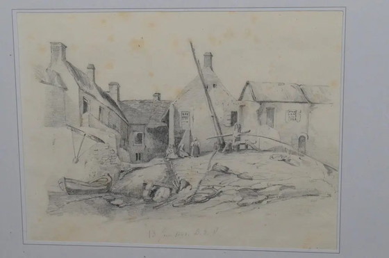Scuola Francese 1840 Disegno Antico a Matita di un Villaggio Costiero e Barche da Pesca – Dipinti e disegni (photo 2 of 6)