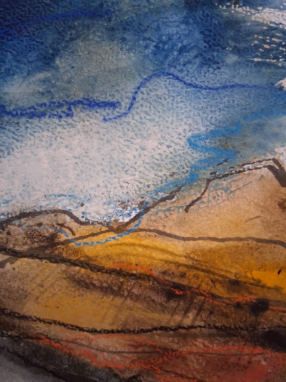 Image 1 of Big storm climes over the hills, mixed media watercolor with pastel on watercolor paper.
