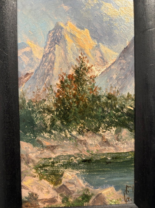 1940s Mountain Landscape Oil Painting on Board – schilderijen tekeningen (photo 2 of 7)