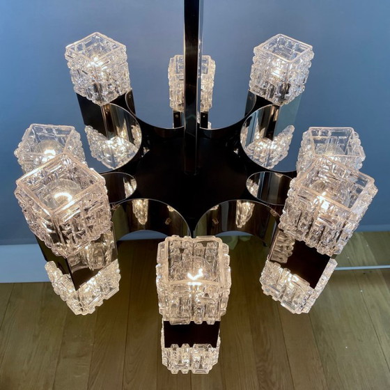 Image 1 of Italian 1970s Chandelier Attributed to Targetti, 16 Lights, Art Glass & Chrome Steel. Modernist Design