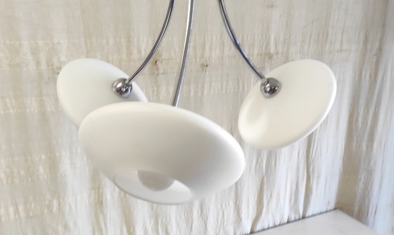 Image 1 of Bauhaus design 3-light chandelier in chromed metal and opaline glass - 1930s/40s