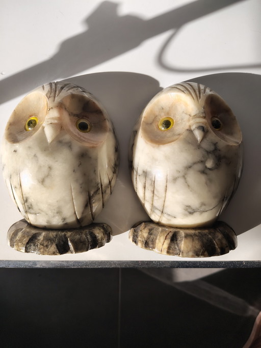 Sujetalibros de búho de alabastro de mediados de siglo – Tallados a mano en Italia – decoratieve objecten, Other