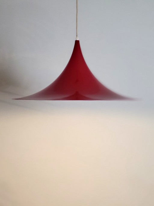 Set of 2 vintage XL semi- or trumpet pendant lamps in deep red