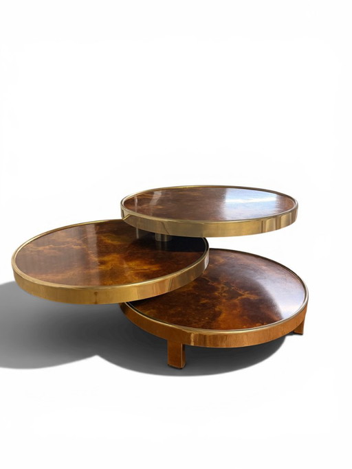 Draaibare salontafel met 3 planken van iepenhout met wortelknol - Maria Pergay