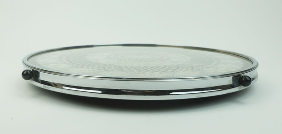Image 1 of large rotating TRAY with fine crochet doily under glass wood and chrome 1930s
