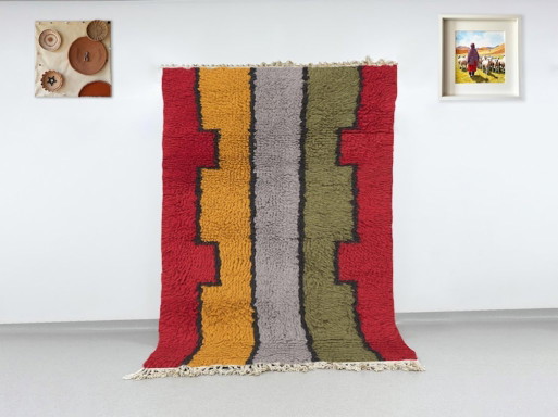 Tappeto tessuto a mano 2,3 x 1,4 m Beni Ourain, tappeto marocchino: strisce colorate a gradini