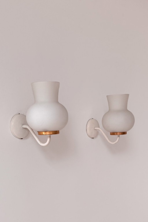 Pair of vintage brass and opaline Wall lights, France 1970