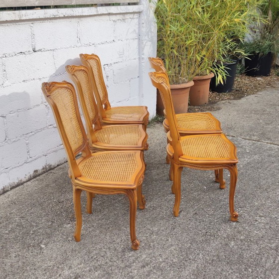Set Of 5 French Vintage Cane Dining Chairs - 5 Big Cherry Wood Cottage Chairs - Style Louis XV - 80s – Rattan (photo 7 of 19)