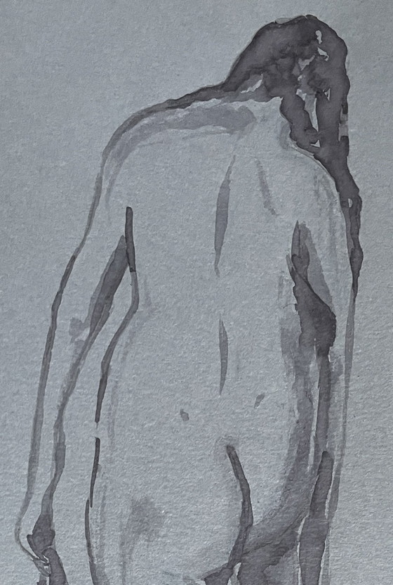 Image 1 of Ritratto femminile acquerello monocromatico su carta denim