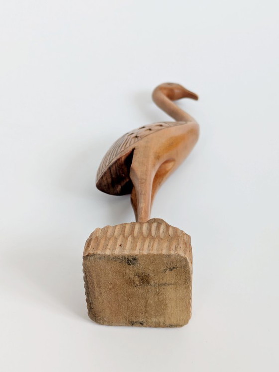 Image 1 of Midcentury Teak Wood Crane Sculpture, Hand Carved Bird, Scandinavian Modern Decor