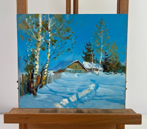 Pintura al óleo original: Paisaje de casa nevada donde vive el cuento de hadas invernal.