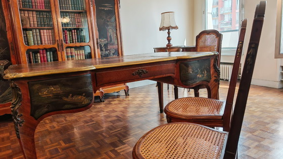 Image 1 of Groot Louis XV-bureau in chinoiserie en palissanderhout - zeldzaam stuk