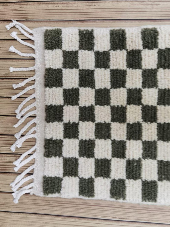 Image 1 of Handmade Moroccan wool rug: 300/70 cm abstract olive green checkered hallway runner