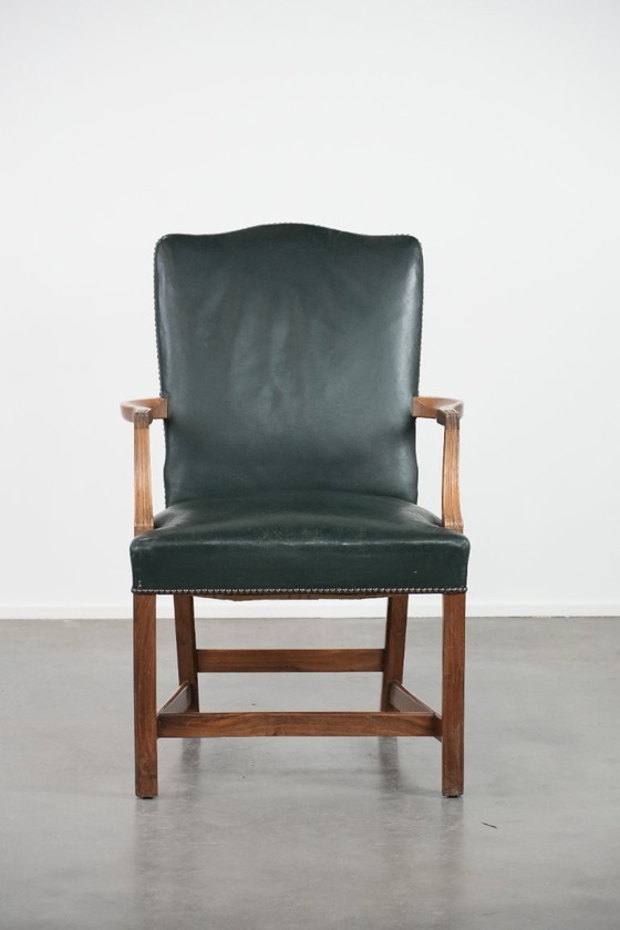 Image 1 of Old English cowhide leather and wood Gainsborough occasional/desk chair