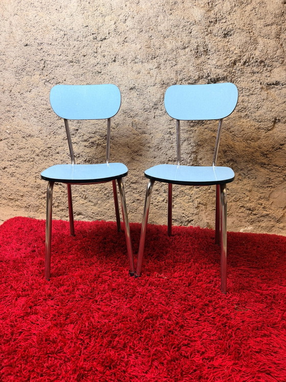 Pair of blue Formica chairs - Vintage 70s, Dining chairs, Metal, Chrome, Black (photo 7 of 15)