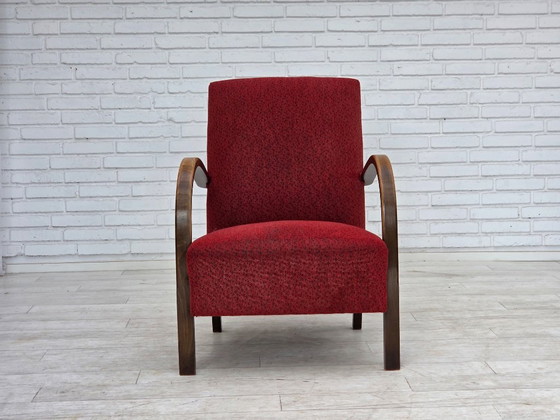 Image 1 of Sillón danés art déco de la década de 1950, tapizado en lana roja original y madera de haya.
