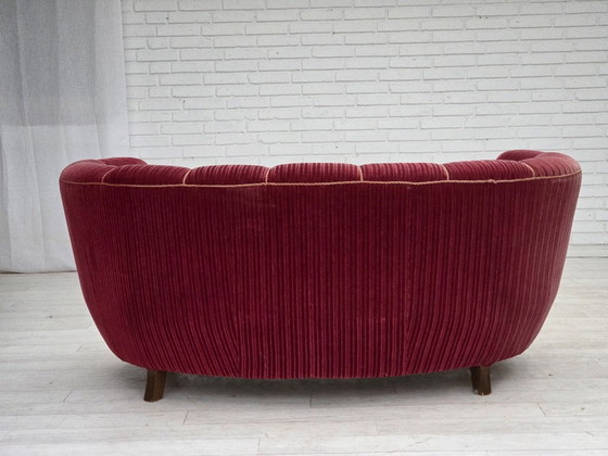 Image 1 of 1960s, Danish 2-seater "Banana" sofa, red furniture velour, oak wood.