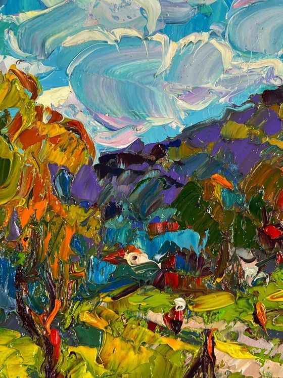 Image 1 of Original Oil Painting Nature Landscape A Village at the Foot of the Mountains