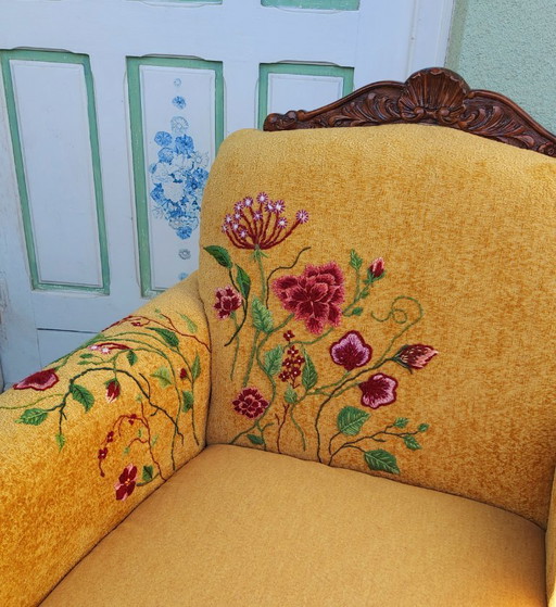 Fauteuil vintage de style Louis XV/rococo – Restauré, brodé à la main