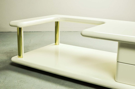 Image 1 of White High Gloss Lacquered Free Form Mid-Century Italian Design Coffee Table with Brass Accents.
