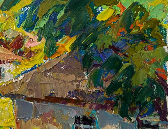 Image 1 of Original Oil Painting Summer Village Landscape Work silence under the evening sky
