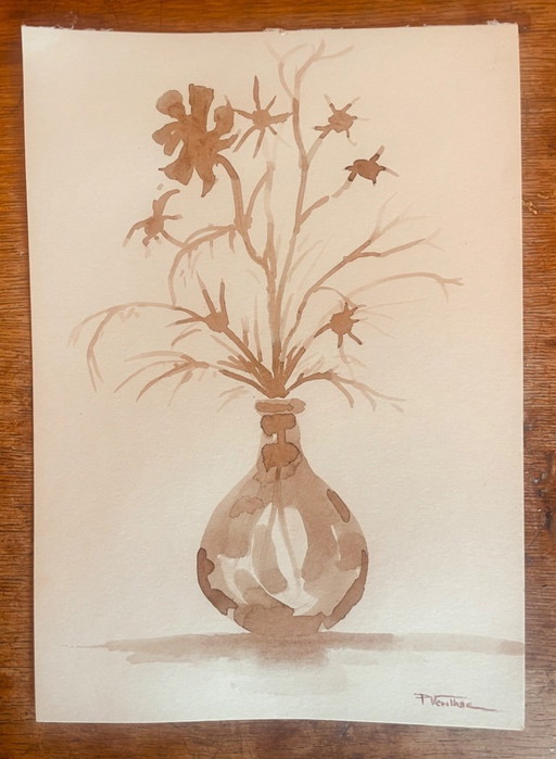Signed painting, still life "dried flowers", monochrome watercolor